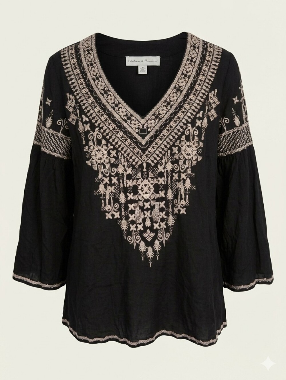 Chelsea & Theodore Women's Embroidered V-Neck Boho Tunic Top Sz Small